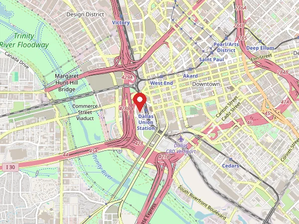 Map of Hyatt Regency Dallas and the streets around it. Opens Google Maps.
